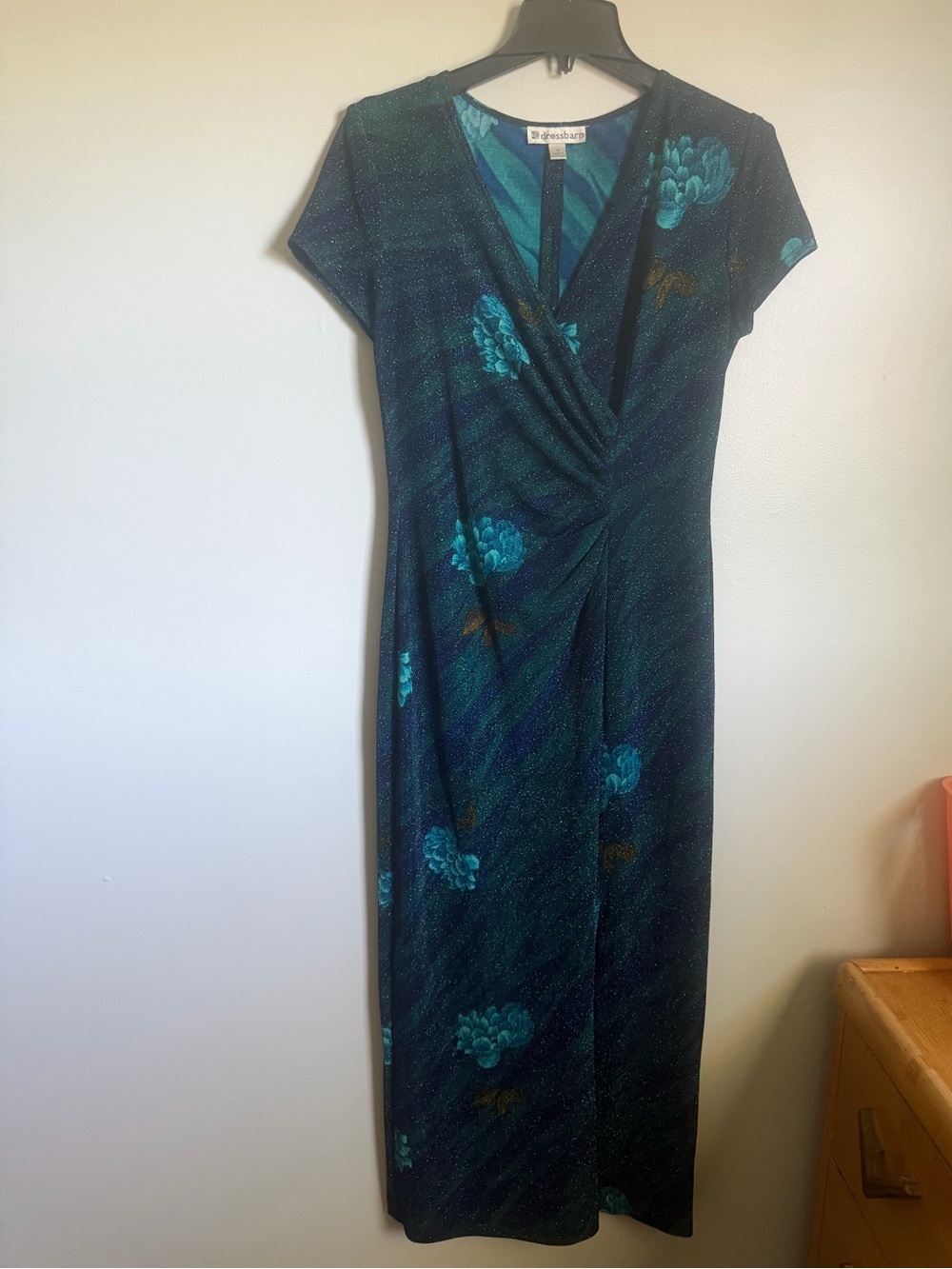 Dressbarn Navy Green Floral Shimmer Short sleeve Stretch Ruched Dress size 8